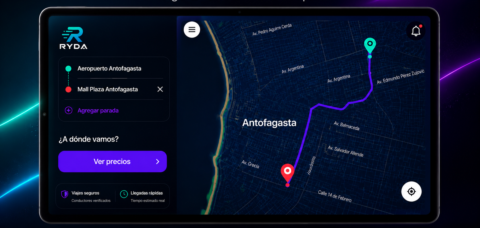 Aplicación Ryda con mapa y ruta en Antofagasta